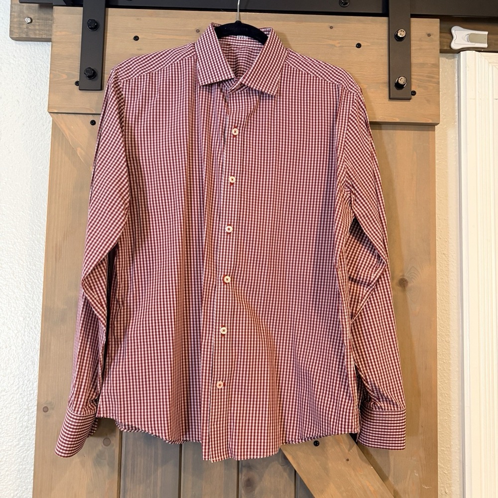J Hilburn Mens Burgundy White Gingham Check Custom Dress Shirt Stretch Cotton